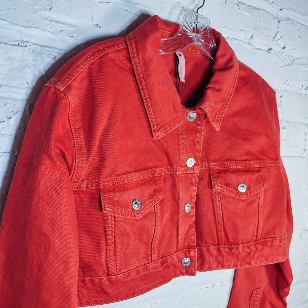 Zara Cropped Red Jean Jacket US size 12-16 - Picture 6 of 15